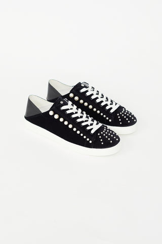 Black Velvet Pearl Embellished Sneaker Stuart Weitzman