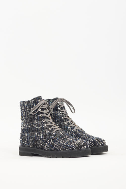 Stuart Weitzman Navy 
White Tweed Combat Boot