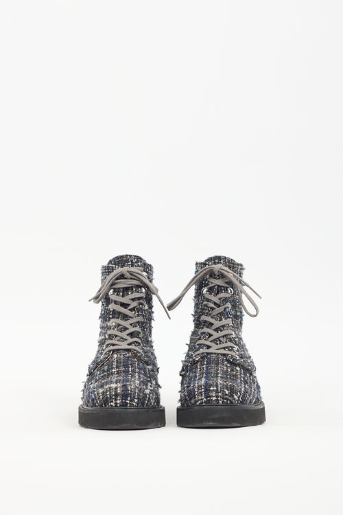 Stuart Weitzman Navy 
White Tweed Combat Boot