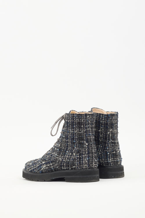 Stuart Weitzman Navy 
White Tweed Combat Boot