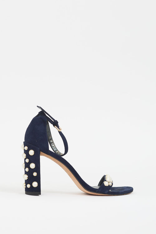 Stuart Weitzman Navy Suede More Pearls Heel