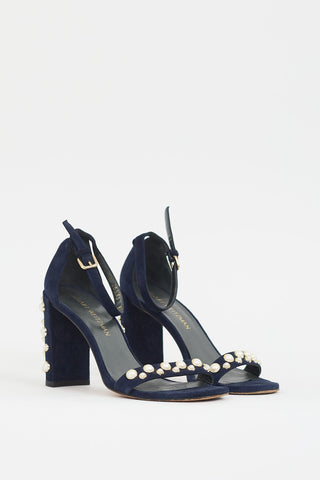 Stuart Weitzman Navy Suede More Pearls Heel