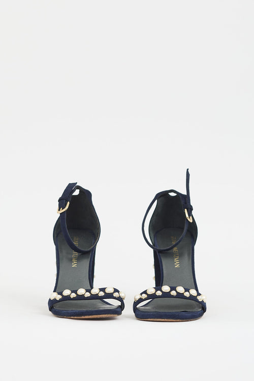 Stuart Weitzman Navy Suede More Pearls Heel