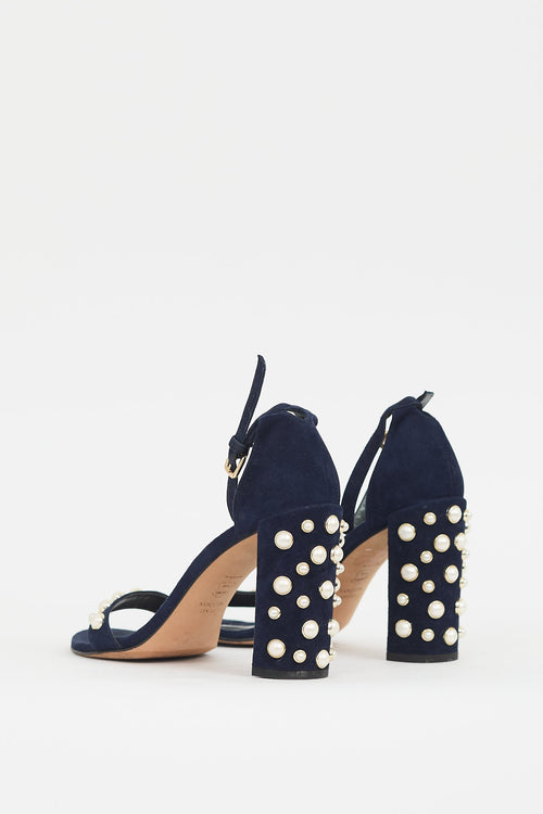 Stuart Weitzman Navy Suede More Pearls Heel