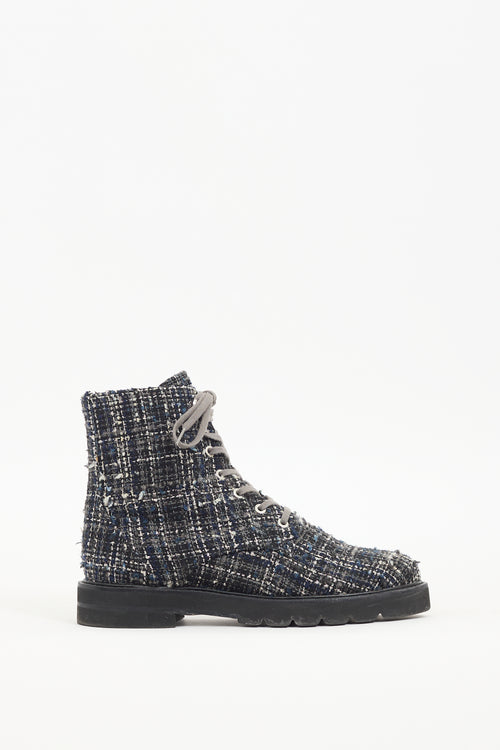 Stuart Weitzman Navy 
White Tweed Combat Boot