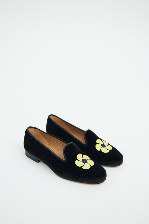 Stubbs Wootton Black 
Yellow Velour Embroidered Loafer