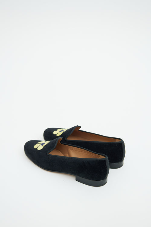 Stubbs Wootton Black 
Yellow Velour Embroidered Loafer