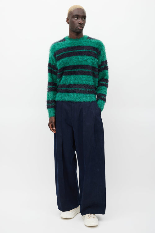 Stüssy Green 
Navy Striped Fuzzy Sweater