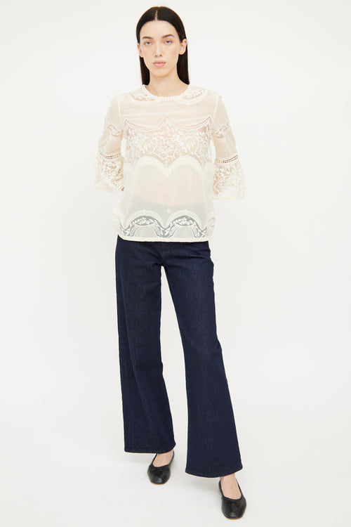 Anna Sui Cream Floral Lace Top