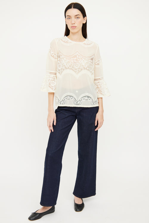 Anna Sui Cream Floral Lace Top