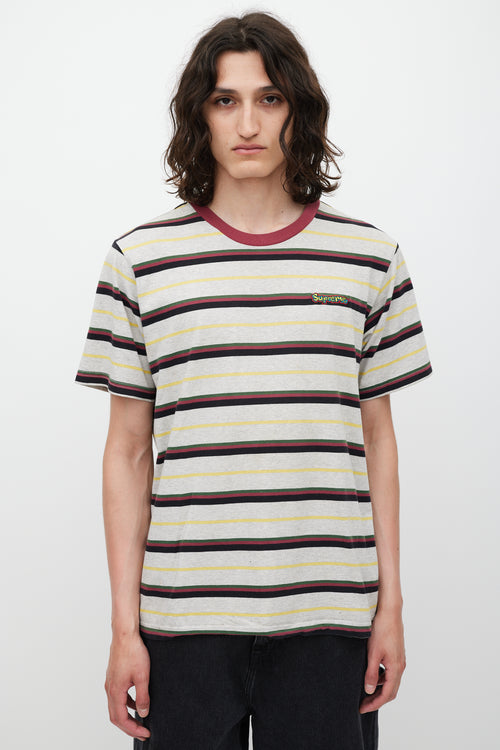 Supreme SS 2018 Heather Grey 
Burgundy Striped Gonz Logo T-Shirt