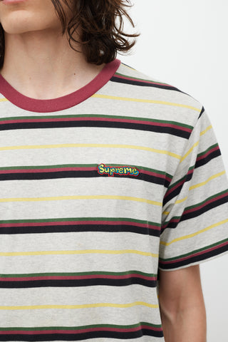 Supreme SS 2018 Heather Grey 
Burgundy Striped Gonz Logo T-Shirt