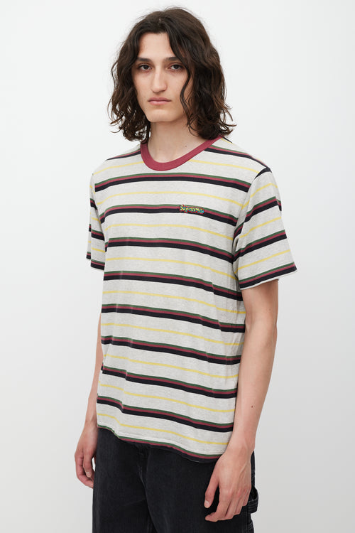 Supreme SS 2018 Heather Grey 
Burgundy Striped Gonz Logo T-Shirt