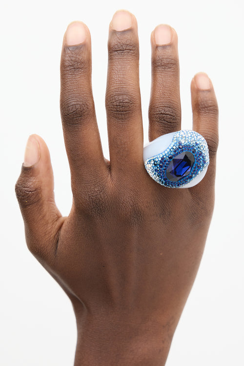 Swarovski White Resin 
Blue Crystal Sculptural Ring