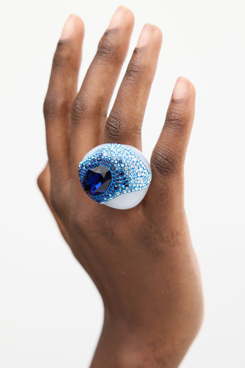 Swarovski White Resin 
Blue Crystal Sculptural Ring