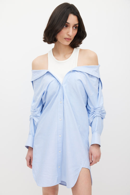 T by Alexander Wang Blue 
White Off Shoulder Layered Shirt Dress