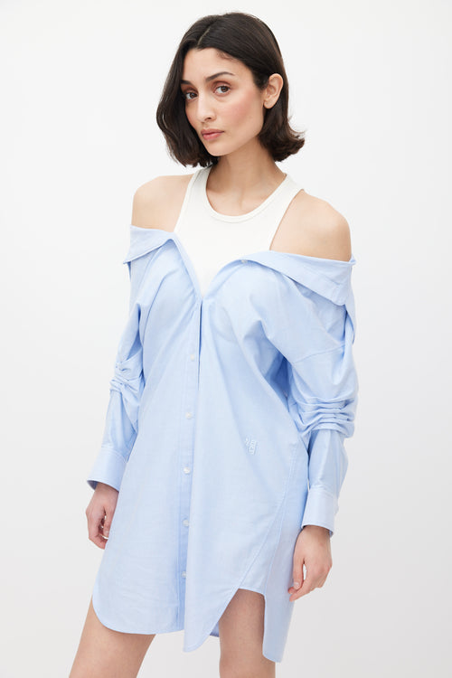 T by Alexander Wang Blue 
White Off Shoulder Layered Shirt Dress