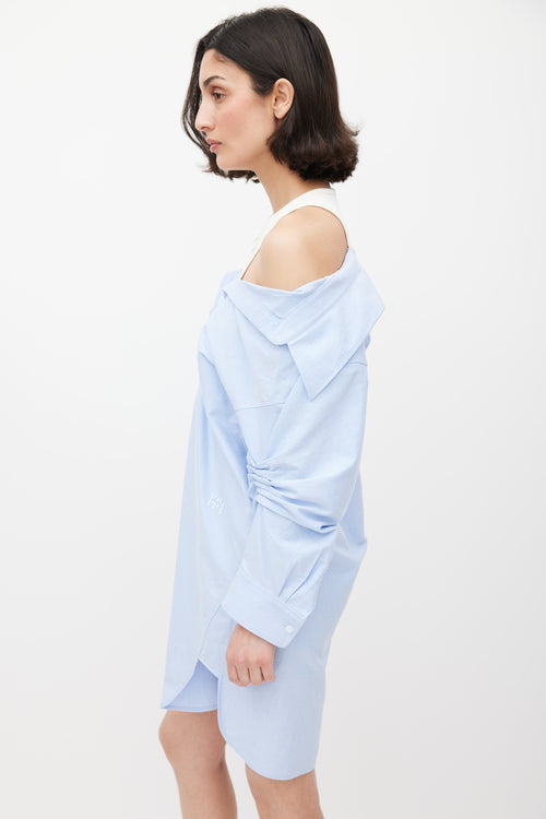 T by Alexander Wang Blue 
White Off Shoulder Layered Shirt Dress