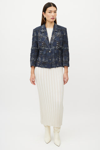 Chanel Blue 
White Textured Silk Blend Blazer