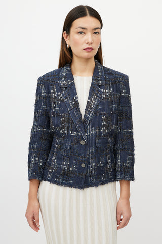 Chanel Blue 
White Textured Silk Blend Blazer