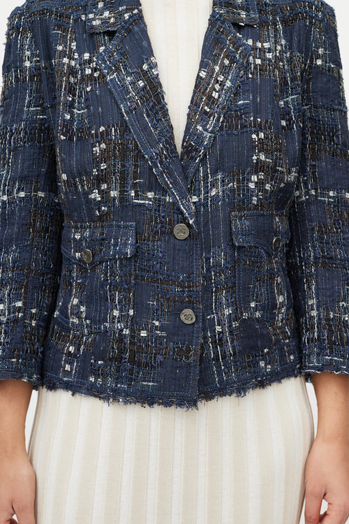 Chanel Blue 
White Textured Silk Blend Blazer