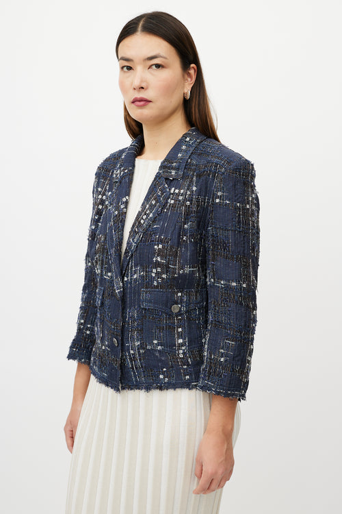 Chanel Blue 
White Textured Silk Blend Blazer