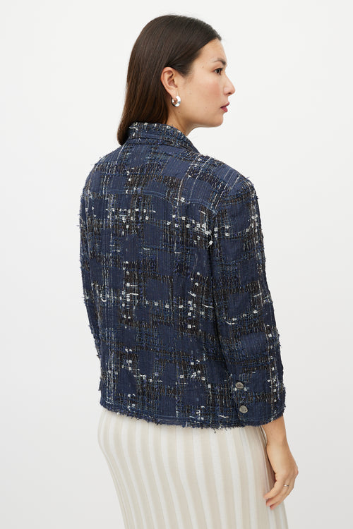 Chanel Blue 
White Textured Silk Blend Blazer