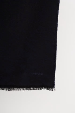 Tom Ford Black 
Navy Wool Camo Fringe Scarf