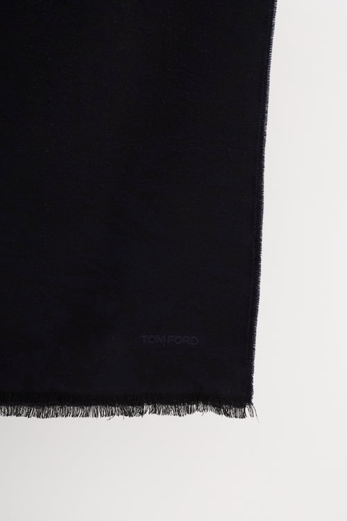 Tom Ford Black 
Navy Wool Camo Fringe Scarf