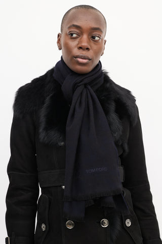 Tom Ford Black 
Navy Wool Camo Fringe Scarf