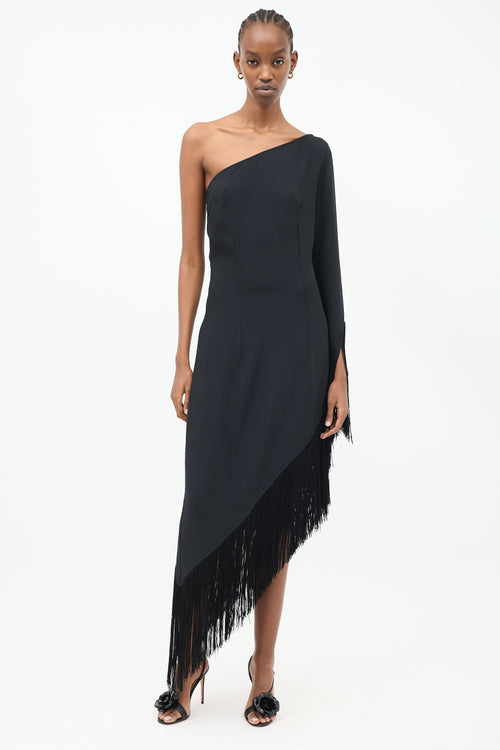 Taller Marmot Black One Shoulder Fringe Midi Dress