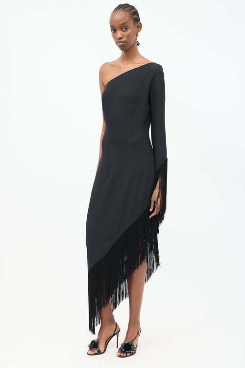 Taller Marmot Black One Shoulder Fringe Midi Dress