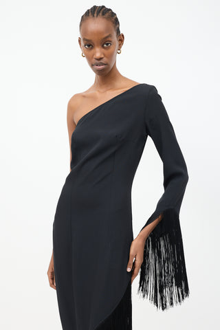 Taller Marmot Black One Shoulder Fringe Midi Dress