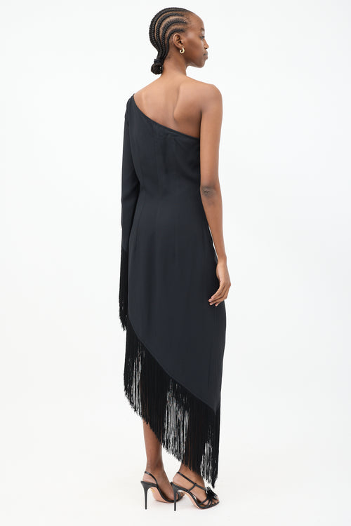 Taller Marmot Black One Shoulder Fringe Midi Dress