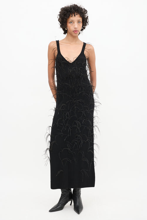 Tanya Taylor Black Wool Knit Nati Feathered Dress