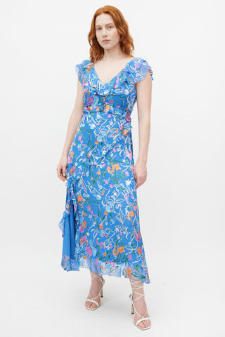 Tanya Taylor Blue 
Multicolour Ruffled Silk Dress