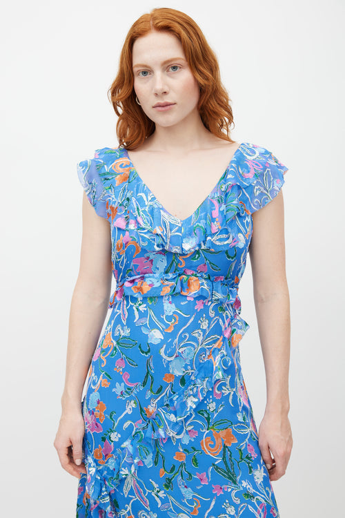 Tanya Taylor Blue 
Multicolour Ruffled Silk Dress