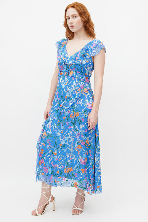 Tanya Taylor Blue 
Multicolour Ruffled Silk Dress