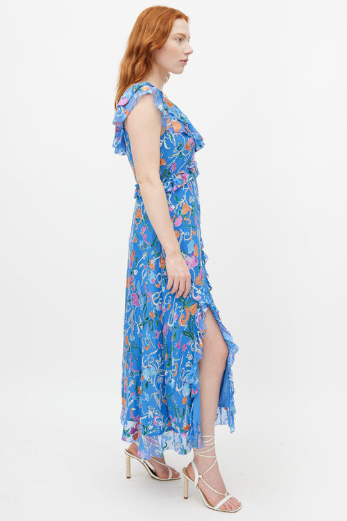 Tanya Taylor Blue 
Multicolour Ruffled Silk Dress