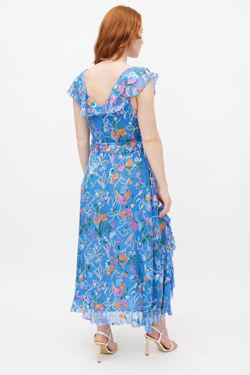 Tanya Taylor Blue 
Multicolour Ruffled Silk Dress