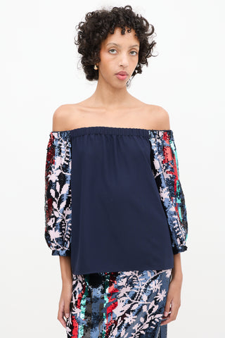 Tanya Taylor Navy 
Multicolor Sequin Sleeve Off Shoulder Top