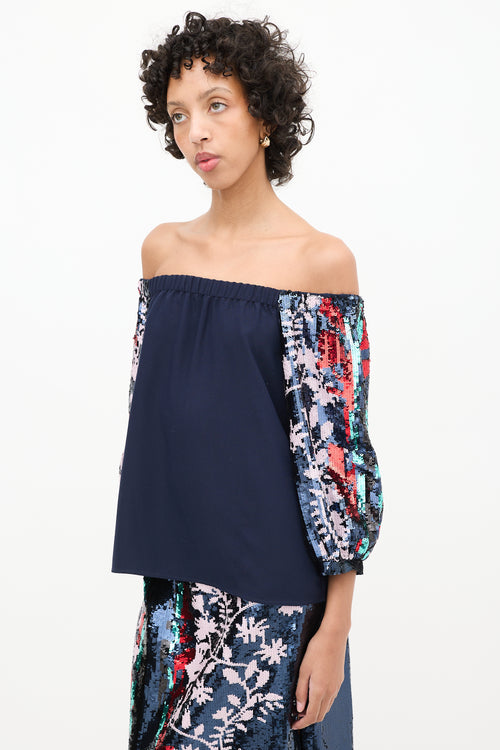 Tanya Taylor Navy 
Multicolor Sequin Sleeve Off Shoulder Top