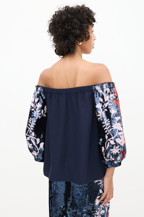 Tanya Taylor Navy 
Multicolor Sequin Sleeve Off Shoulder Top