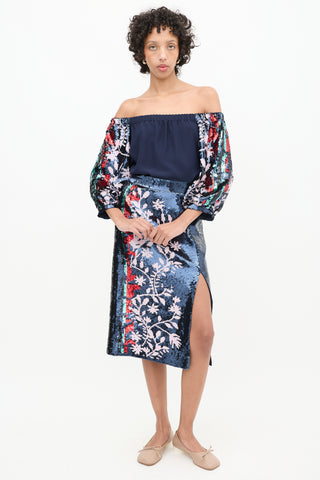 Tanya Taylor Navy 
Multicolour Sequin Floral Elisa Skirt