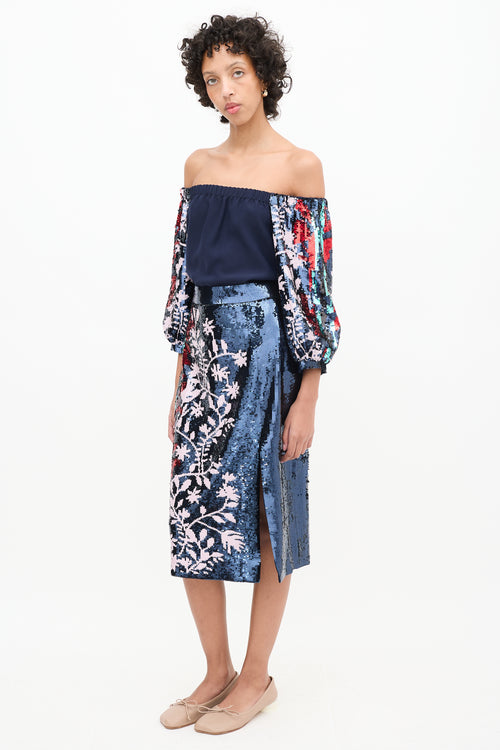 Tanya Taylor Navy 
Multicolour Sequin Floral Elisa Skirt