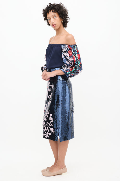 Tanya Taylor Navy 
Multicolour Sequin Floral Elisa Skirt