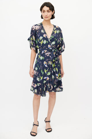 Tanya Taylor Navy 
Multicolour Silk Floral Wrap Dress