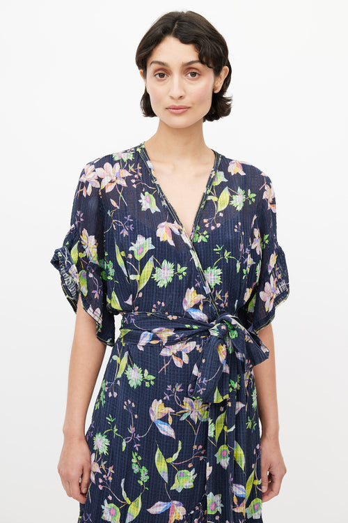 Tanya Taylor Navy 
Multicolour Silk Floral Wrap Dress