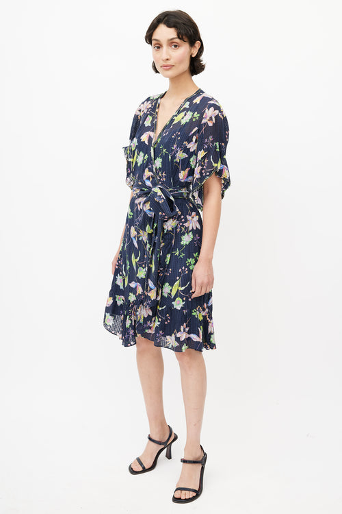 Tanya Taylor Navy 
Multicolour Silk Floral Wrap Dress