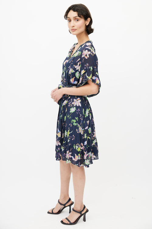 Tanya Taylor Navy 
Multicolour Silk Floral Wrap Dress